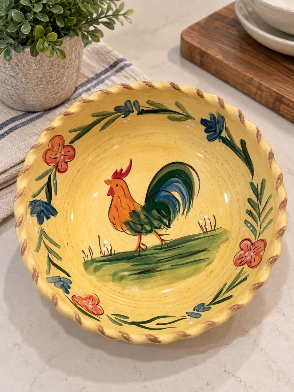 HOME Hand Painted Rooster Ceramic Bowl 9” Scalloped Farmhouse Country Kitchen